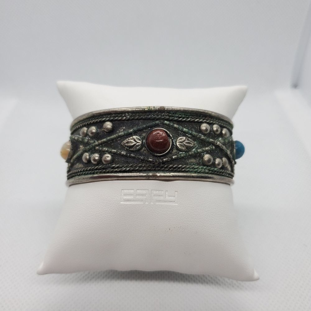 Vintage Silver Cuff Bracelet with Stones & Design